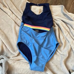 blue one piece bathing suit